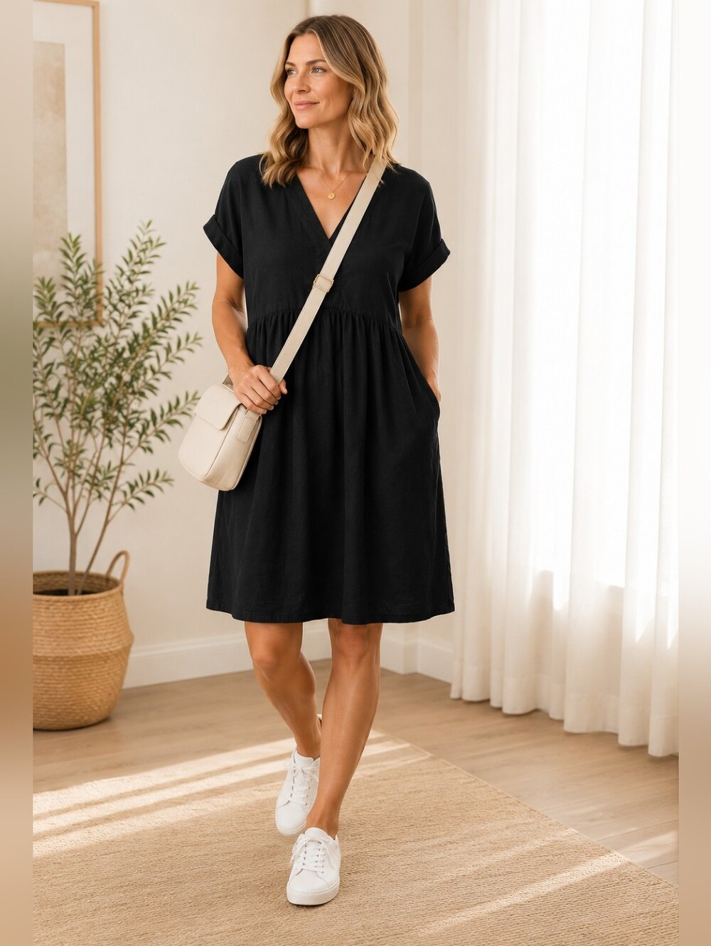 Briggs New York Black Linen Blend Shift Dress M Pockets Casual Pull-On